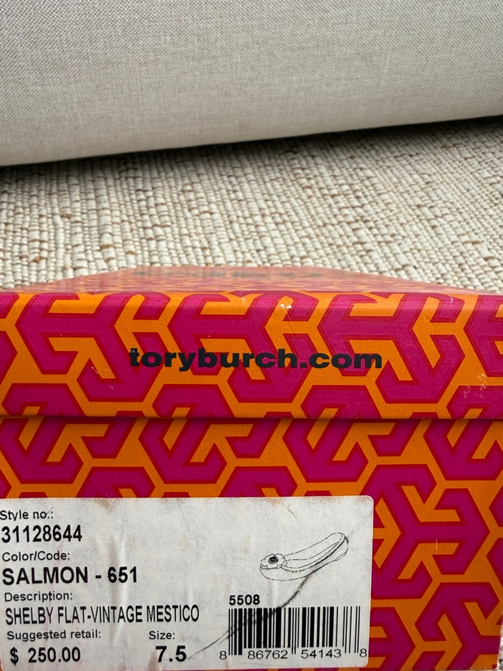 Tory Burch Coral Leather Rosette Flats with Gold Logo - Picture 7 of 7